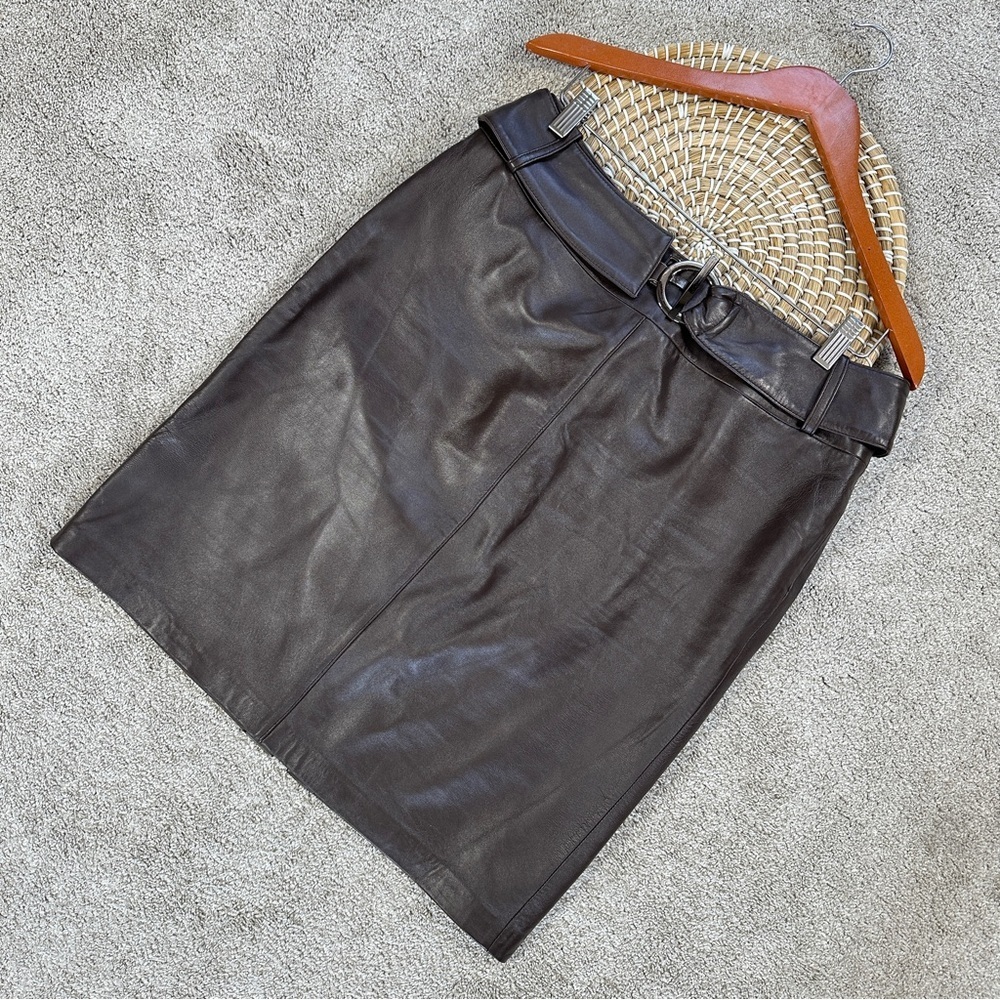 Revue Women’s Vintage 100% Lamb Leather Mini Skirt Belted Goth in Brown 12